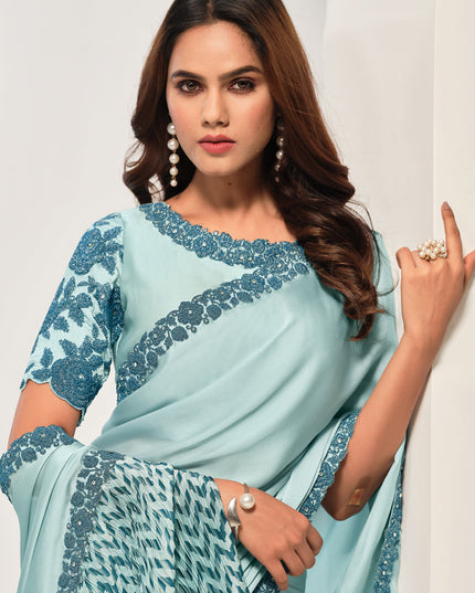 Light Blue Embroidered Designer Saree