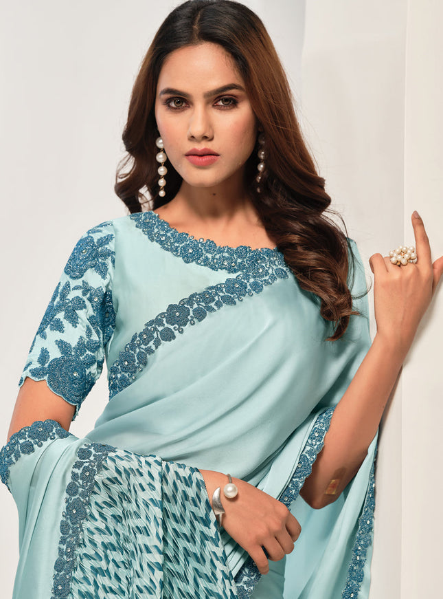 Light Blue Embroidered Designer Saree