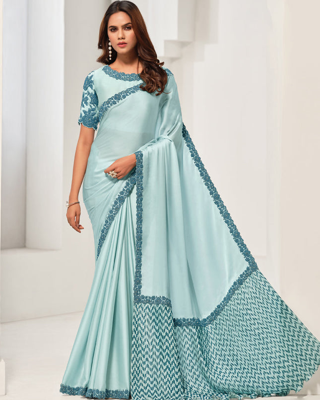 Light Blue Embroidered Designer Saree