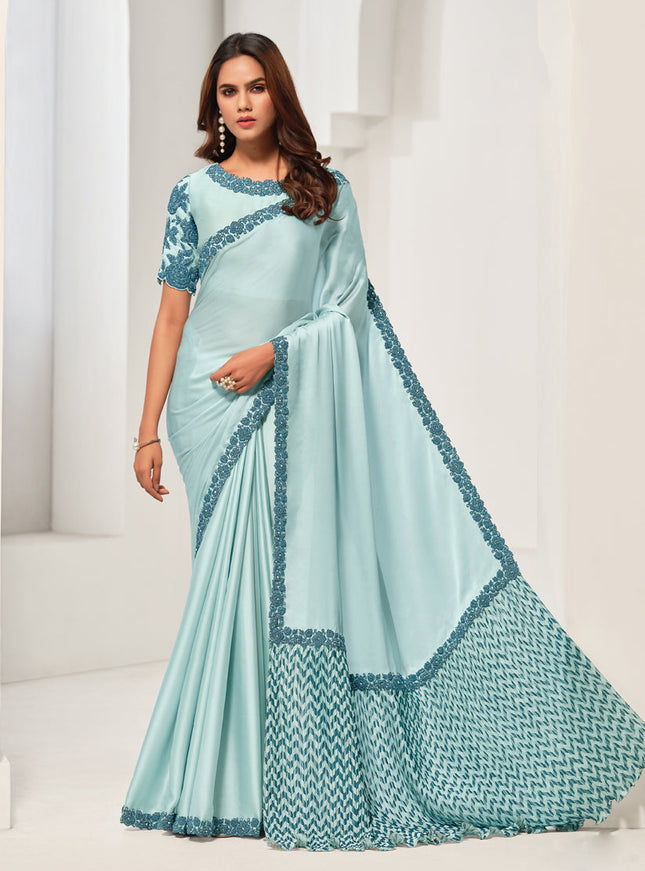 Light Blue Embroidered Designer Saree