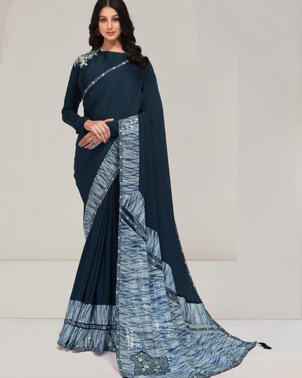 Teal Blue Embroidered Designer Saree