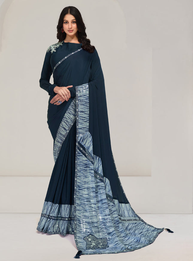 Teal Blue Embroidered Designer Saree