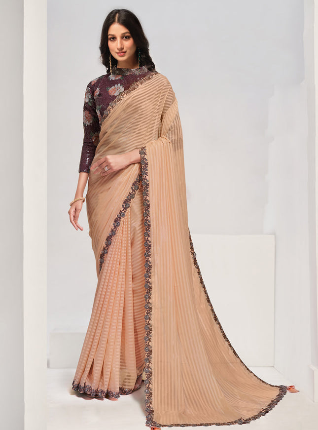 Peach Embroidered Designer Saree