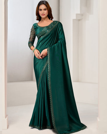 Bottle Green Embroidered Designer Saree
