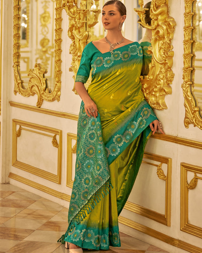 Lime Green Banarasi Silk Woven Saree