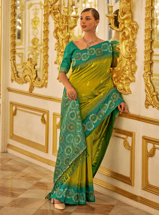 Lime Green Banarasi Silk Woven Saree