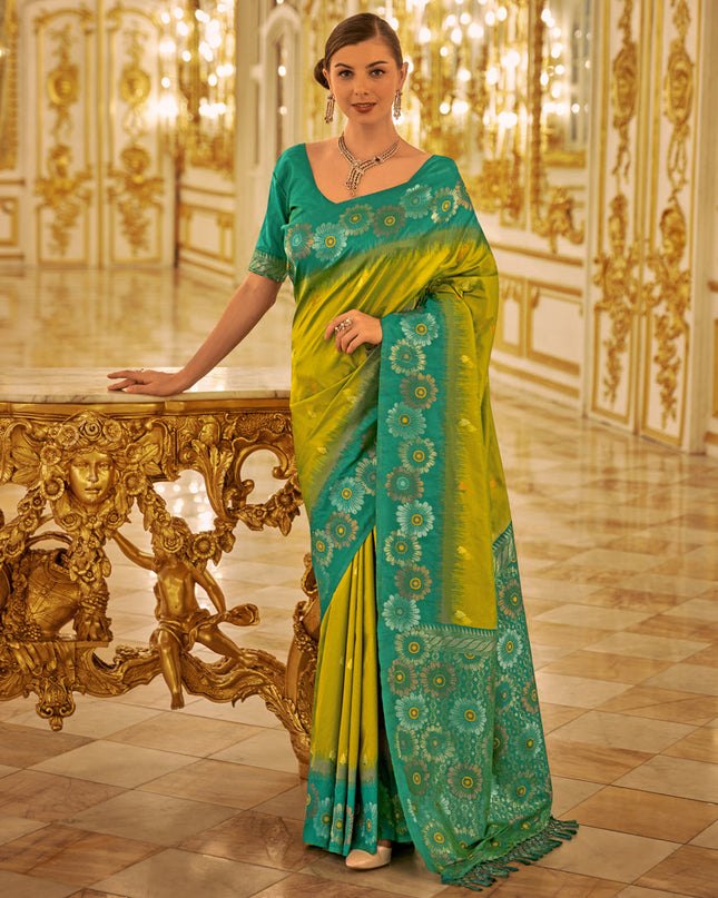 Lime Green Banarasi Silk Woven Saree