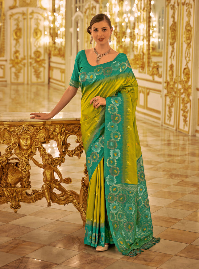 Lime Green Banarasi Silk Woven Saree