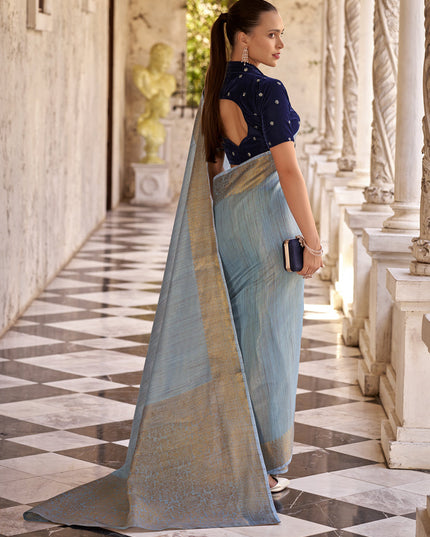 Livid Blue Linen Woven Saree For Festival