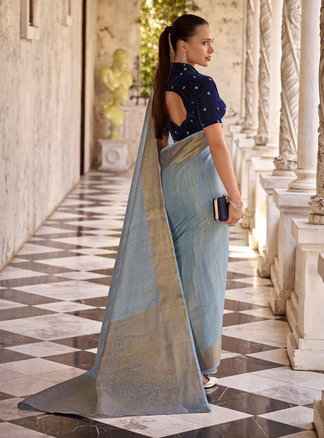 Livid Blue Linen Woven Saree For Festival