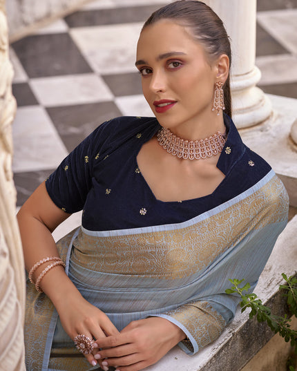 Livid Blue Linen Woven Saree For Festival