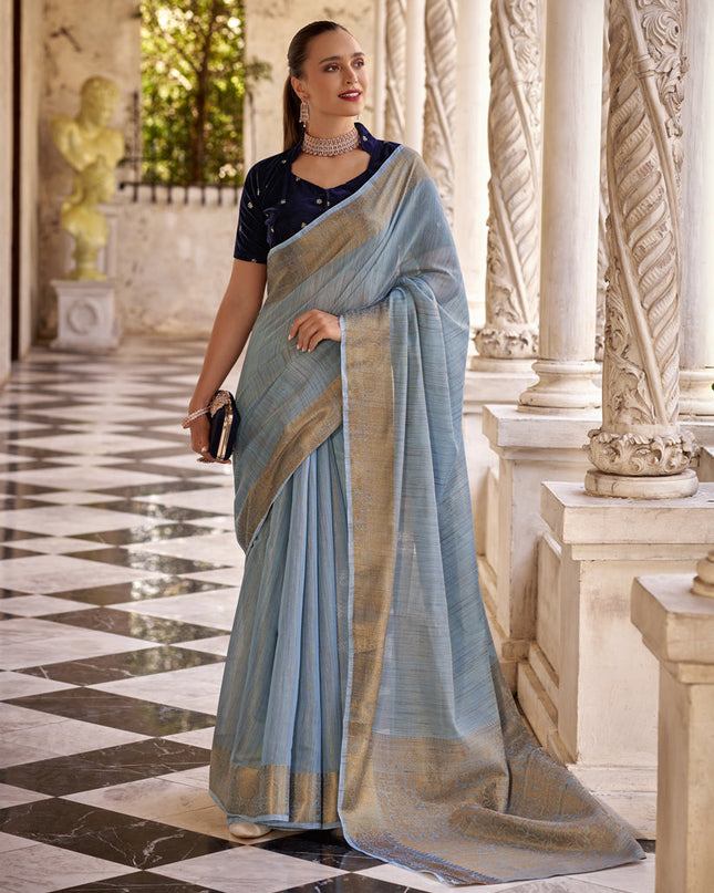 Livid Blue Linen Woven Saree For Festival