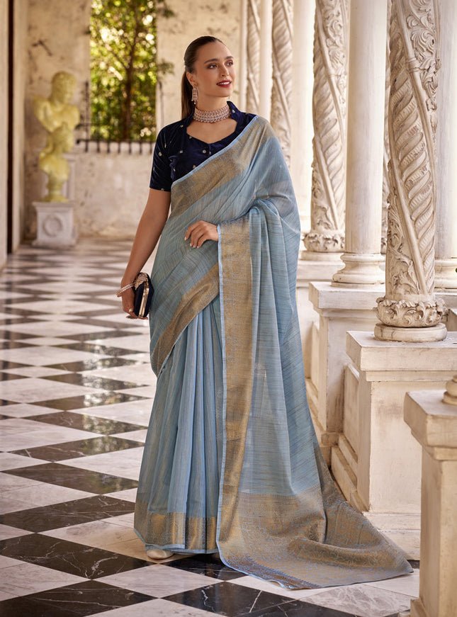 Livid Blue Linen Woven Saree For Festival