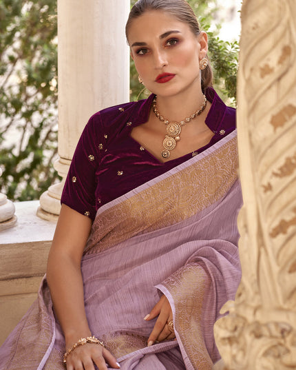 Lilac Pink Linen Woven Saree For Festival