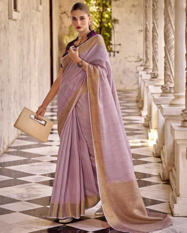 Lilac Pink Linen Woven Saree For Festival