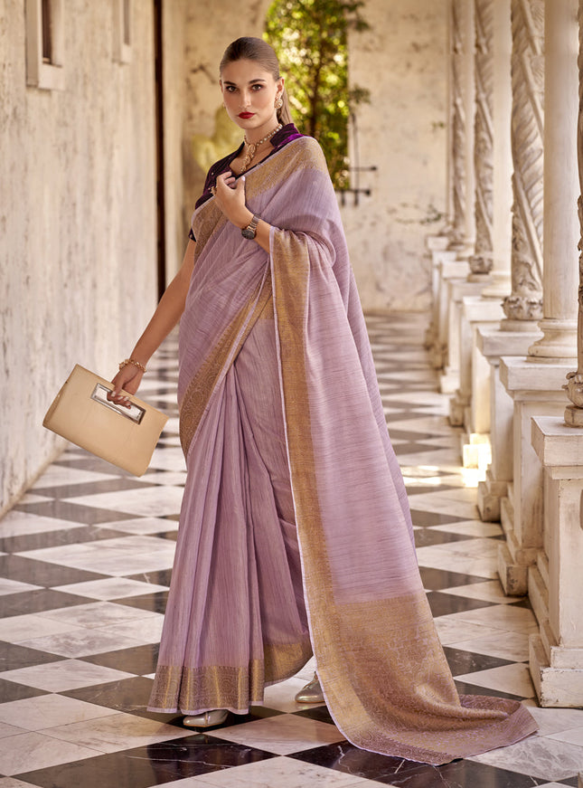 Lilac Pink Linen Woven Saree For Festival