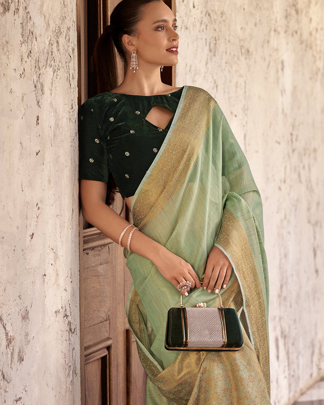 Pistachio Green Linen Woven Saree For Festival