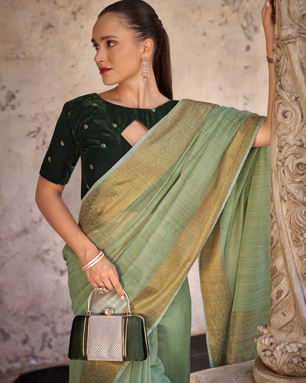 Pistachio Green Linen Woven Saree For Festival