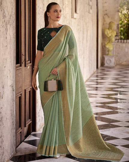 Pistachio Green Linen Woven Saree For Festival