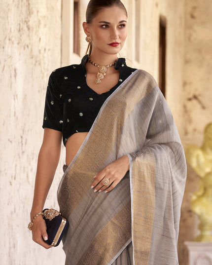 Ash Grey Linen Woven Saree For Festival