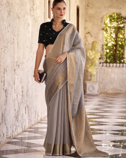 Ash Grey Linen Woven Saree For Festival