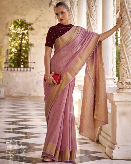 Carnation Pink Linen Woven Saree For Festival