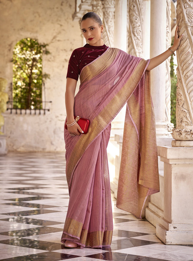 Carnation Pink Linen Woven Saree For Festival