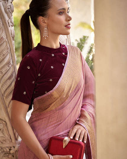 Carnation Pink Linen Woven Saree For Festival