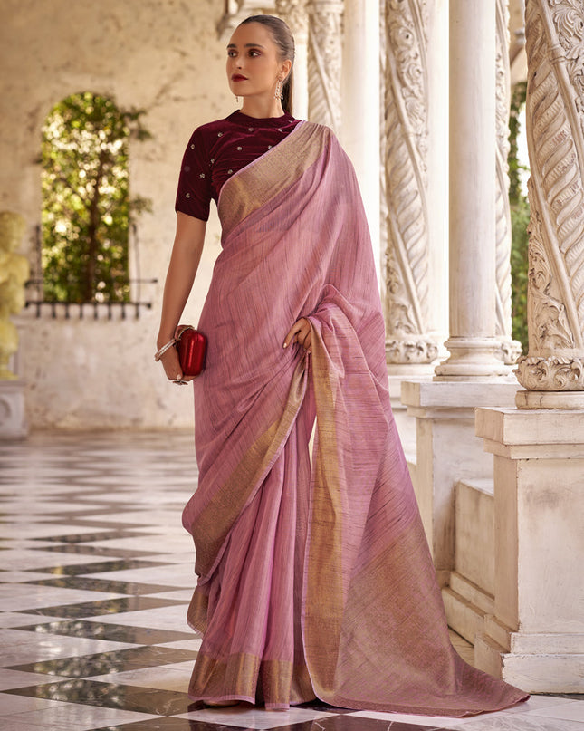 Carnation Pink Linen Woven Saree For Festival