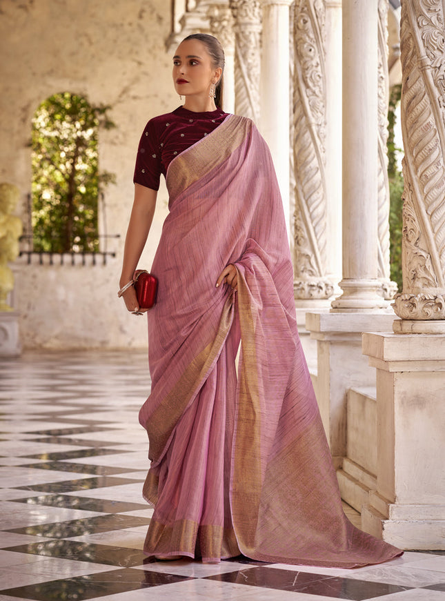 Carnation Pink Linen Woven Saree For Festival