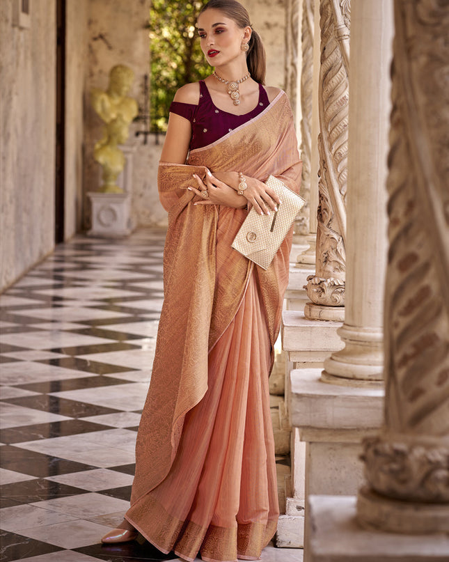 Peach Linen Woven Saree For Festival
