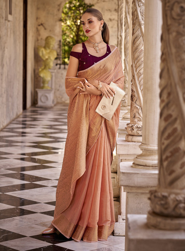 Peach Linen Woven Saree For Festival