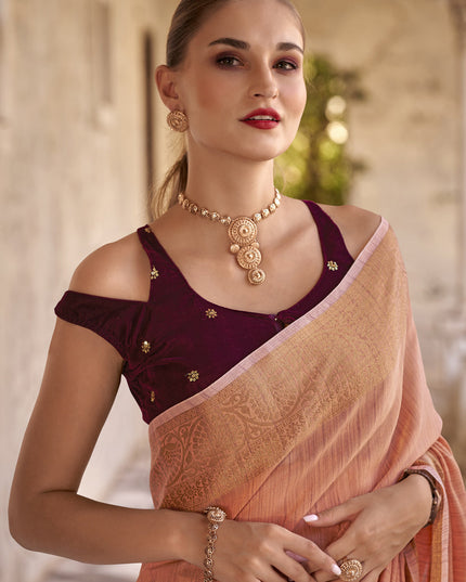 Peach Linen Woven Saree For Festival
