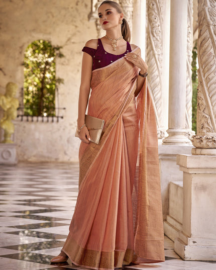 Peach Linen Woven Saree For Festival