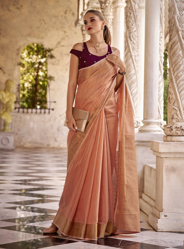 Peach Linen Woven Saree For Festival