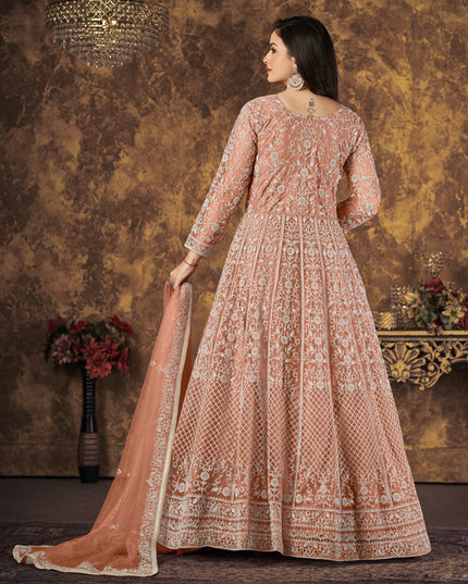 Salmon Orange Net Embroidered Anarkali Suit