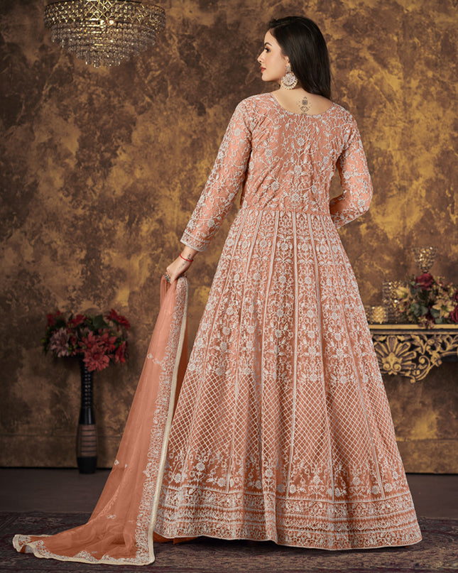Salmon Orange Net Embroidered Anarkali Suit
