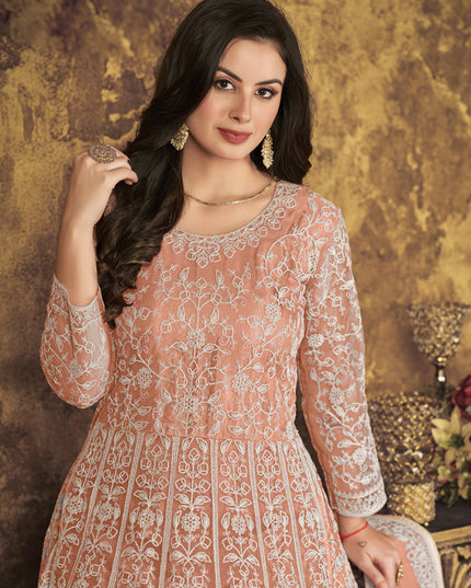 Salmon Orange Net Embroidered Anarkali Suit