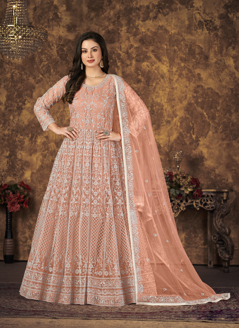 Salmon Orange Net Embroidered Anarkali Suit