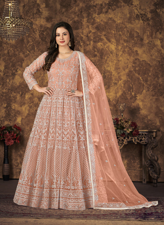 Salmon Orange Net Embroidered Anarkali Suit