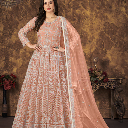 Salmon Orange Net Embroidered Anarkali Suit