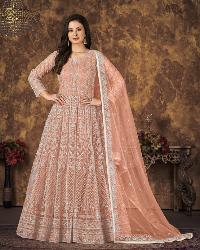 Salmon Orange Net Embroidered Anarkali Suit