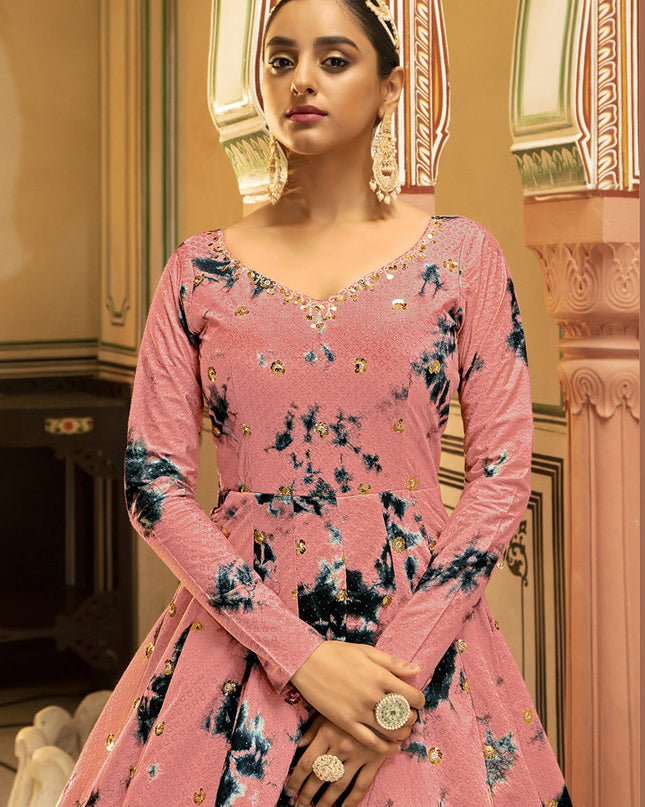 Glamorous Coral Pink Cotton Embroidered Gown