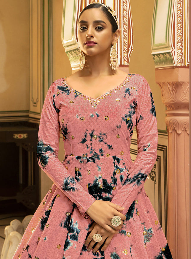 Glamorous Coral Pink Cotton Embroidered Gown