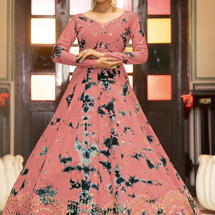 Glamorous Coral Pink Cotton Embroidered Gown