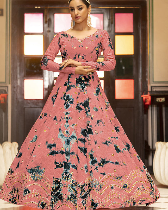 Glamorous Coral Pink Cotton Embroidered Gown