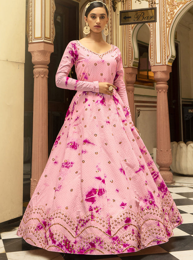 Ravishing Rose Pink Cotton Embroidered Gown