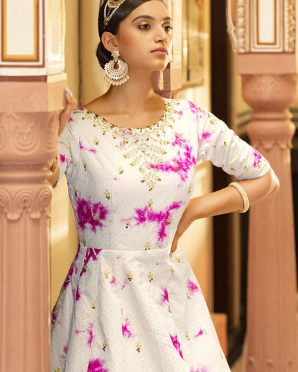 Charming Pearl White Cotton Embroidered Gown