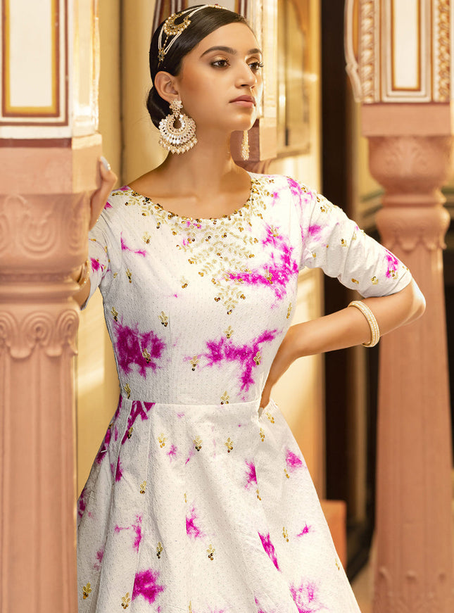 Charming Pearl White Cotton Embroidered Gown