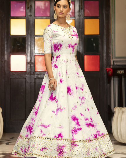 Charming Pearl White Cotton Embroidered Gown